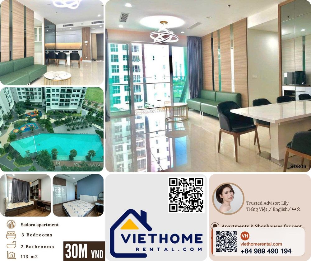 Cho thuê căn hộ Sadora 3 phòng ngủ 113m² full nội thất 30 triệu/tháng tại Thủ Thiêm, Q2 - Photo 1